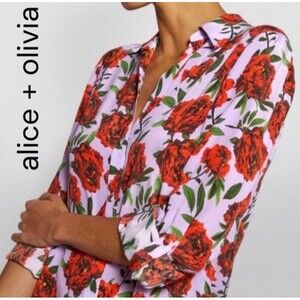 Alice + Olivia Eloise Silk Floral Blouse Womens Medium Button Up Top Valentine’s